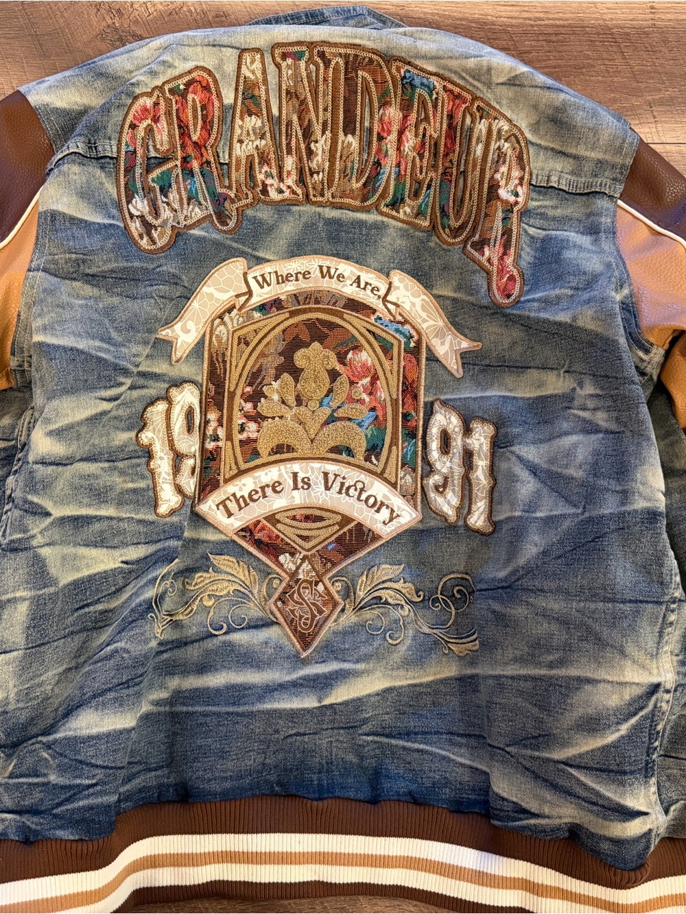 Embroidered 'GRANDEUR' Denim Bomber Jacket